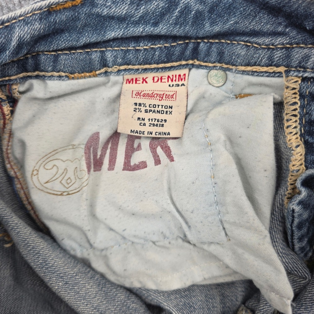 MEK Denim Easter Island Medium Wash Bootcut Jeans Blue Low Rise 27x32 Distressed - Picture 9 of 11